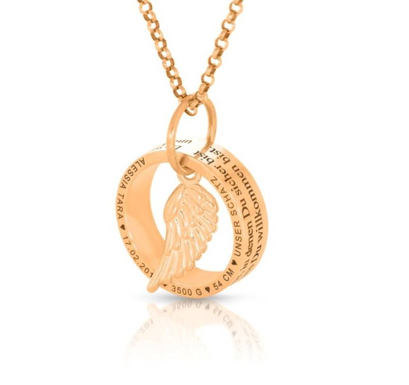 Damen Engelsrufer Kette Gravur Geschenk Geburt Namen Rosé Vergoldet Ringanhänger Familienkette Geburtsdaten Silberkette Engelsflügel von BubiduDE
