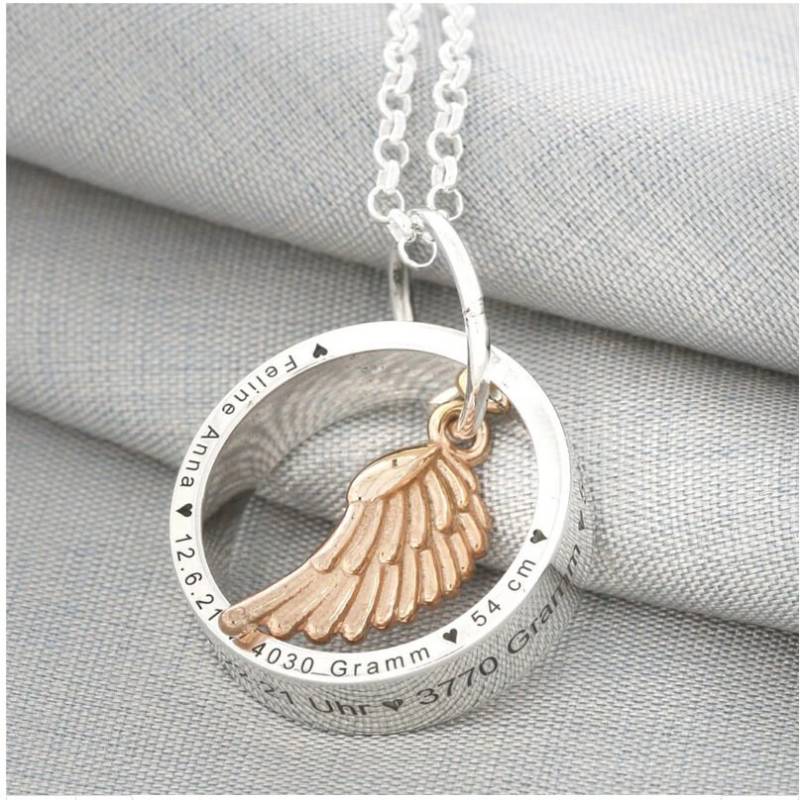 Damen Kette Gravur Geschenk Geburt Namen Silber Ringanhänger Familienkette Geburtsdaten Silberkette Engelsflügel Rosé Engelsrufer von BubiduDE