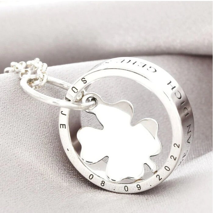 Damenkette Ringanhänger Mit Kleeblatt Namenskette 925 Silber Familienkette Geschenk Abitur Glücksbringer Ringkette Geburtstag Studium von BubiduDE