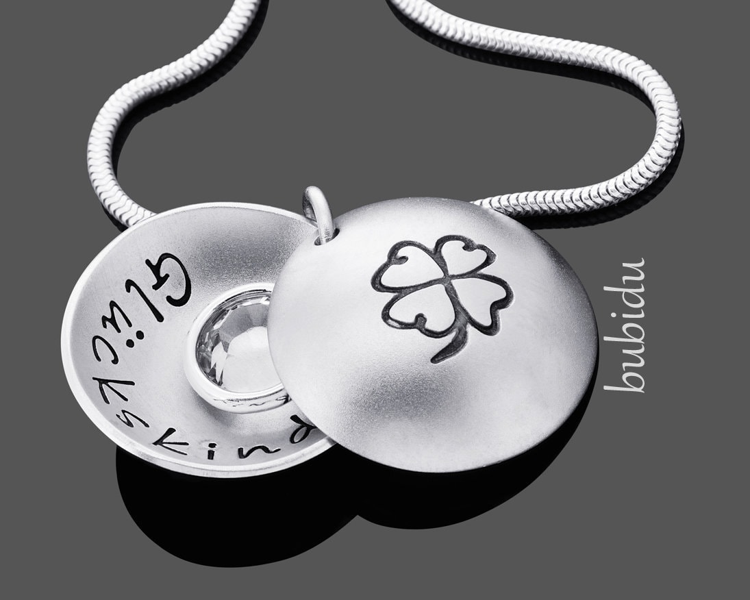 Glückskette Mit Gravur Medaillon Kette 925 Sterling Silber Glücksbringer Talisman Kleeblatt Schmuck Geschenk Danke Silberschmuck Namen von BubiduDE