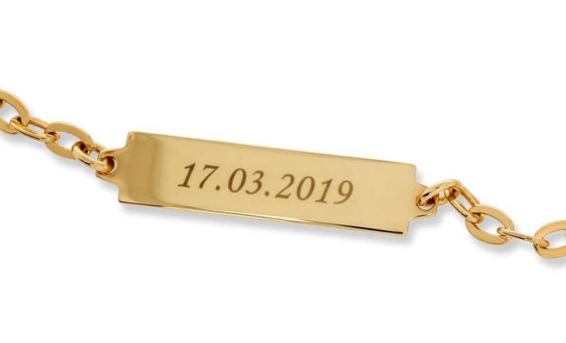 Gravur Armband Vergoldet Namensarmband Kinderschmuck Baby Id Name Datum Armkettchen Gold Schmuck Taufe Kommunion Taufschmuck von BubiduDE