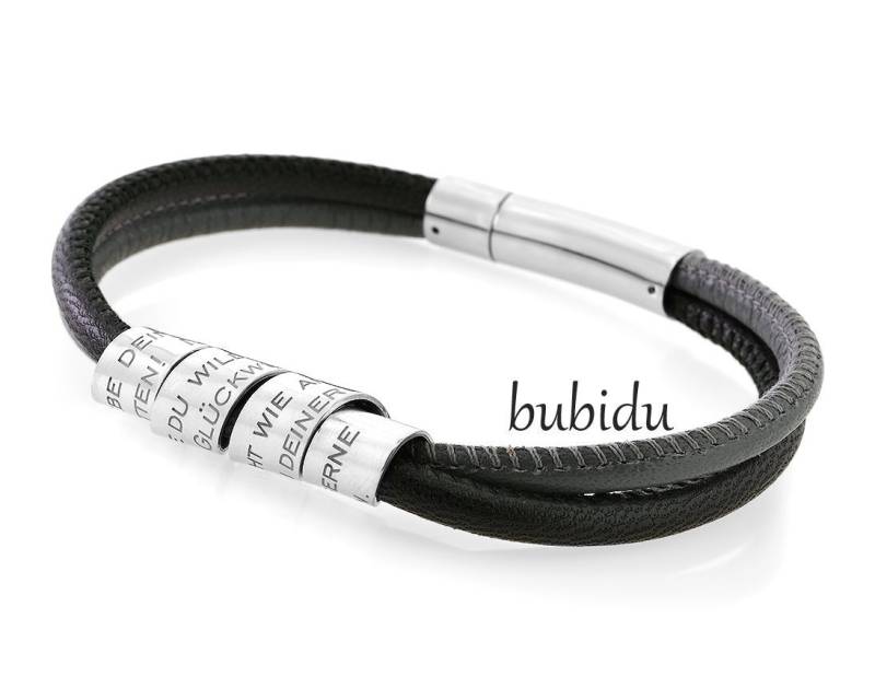 Herren Armband Gravur Lederarmband Männer Schwarz Grau 925 Silber Männerarmband Anhänger Personalisirt Mit Geschenk Idee Mann Vater von BubiduDE