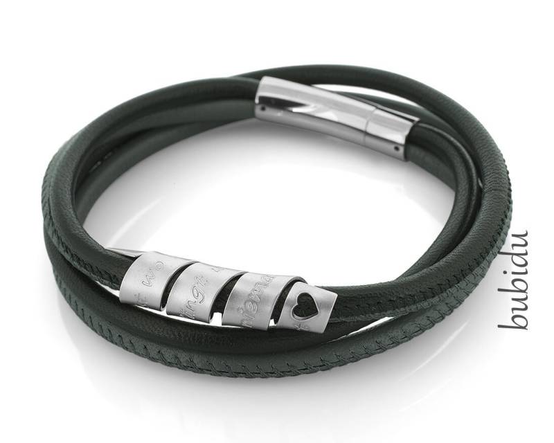 Herren Armband Gravur Männerarmband Leder Herz Personalisiert Herrenarmband 925 Silber Nappaleder Wickelanhänger Spirale Lederschmuck Mann von BubiduDE