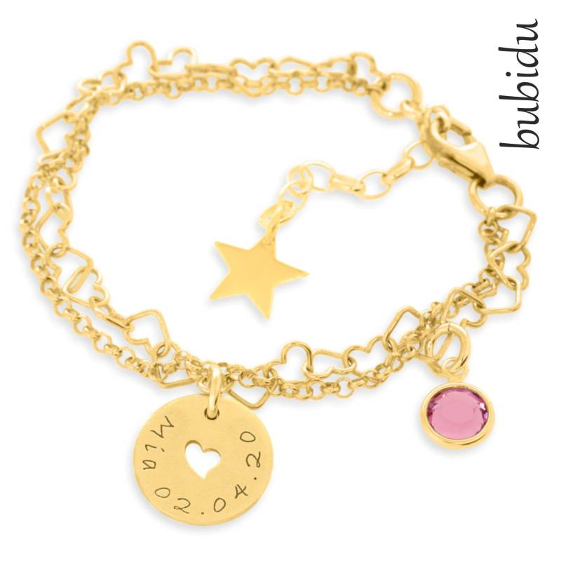 Herz Armband Vergoldet Gravur Anhänger Monatsstein Taufschmuck 925 Sterling Silber Kinderschmuck Geburtsstein Sternenkind Namensarmband von BubiduDE