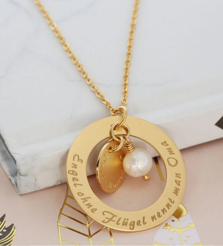 Kette Anhänger Mattiert Personalisierte Halskette Vergoldet Schmuck Gravur Mit Wunschtext Spruch Geschenk Mama Oma Freundin Perle von BubiduDE