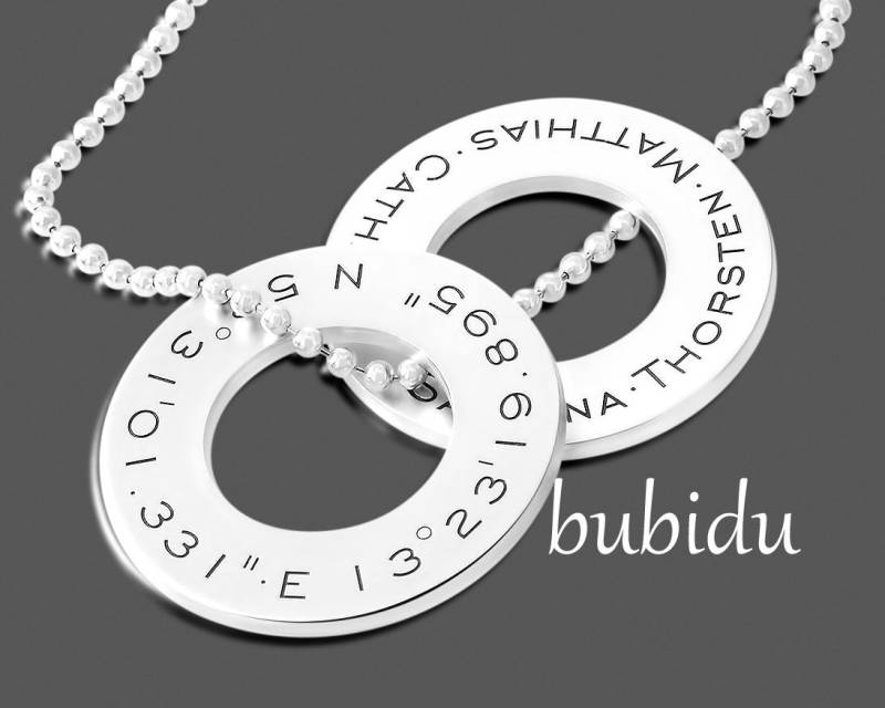 Kette Gravur 925 Sterling Silber Namenskette Koordinaten Ringe Doppelkette Gravurschmuck Jubiläum Familienkette Name Eigener Text Schmuck von BubiduDE