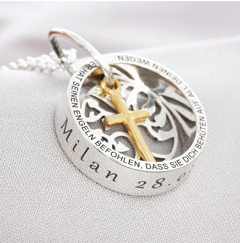 Kette Gravur Namenskette Kreuz Gold Lebensbaum Damen Collier Schmuck Personaliert Ring Namen Familie Namensschmuck - Designer Ketten Bubidu von BubiduDE