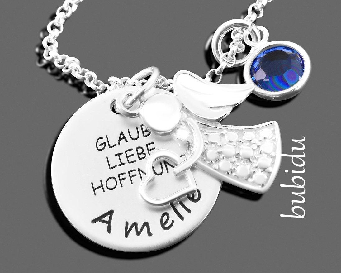 Kette Konfirmation Mädchen Gravur Schmuck 925 Silber Kommunion Geschenk Taufe Engel Silberschmuck Schutzengel Kinderkette Namen Geburtsstein von BubiduDE