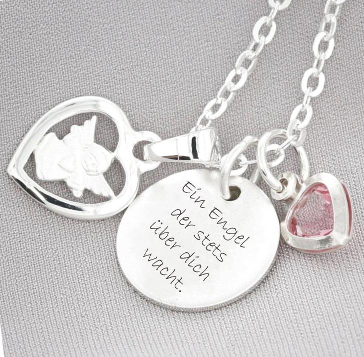 Kette Taufe Schmuck 925 Silber Gravur Namen Mädchen Datum Engel Schutzengel Kinderschmuck Geschenk Geburt Rosa Herz Namenskette Kommunion von BubiduDE
