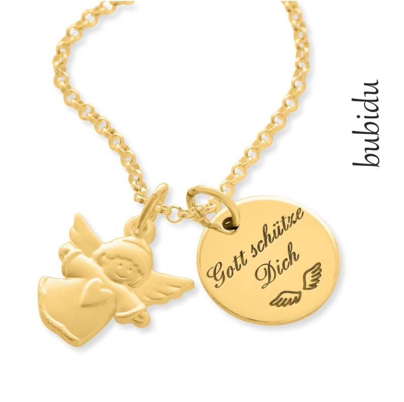 Kette Taufe Vergoldet Gravur Namenskette Junge Mädchen Schutzengel Gold Geschenk Kommunion Konfirmation Geburt Baby Halskette Name von BubiduDE