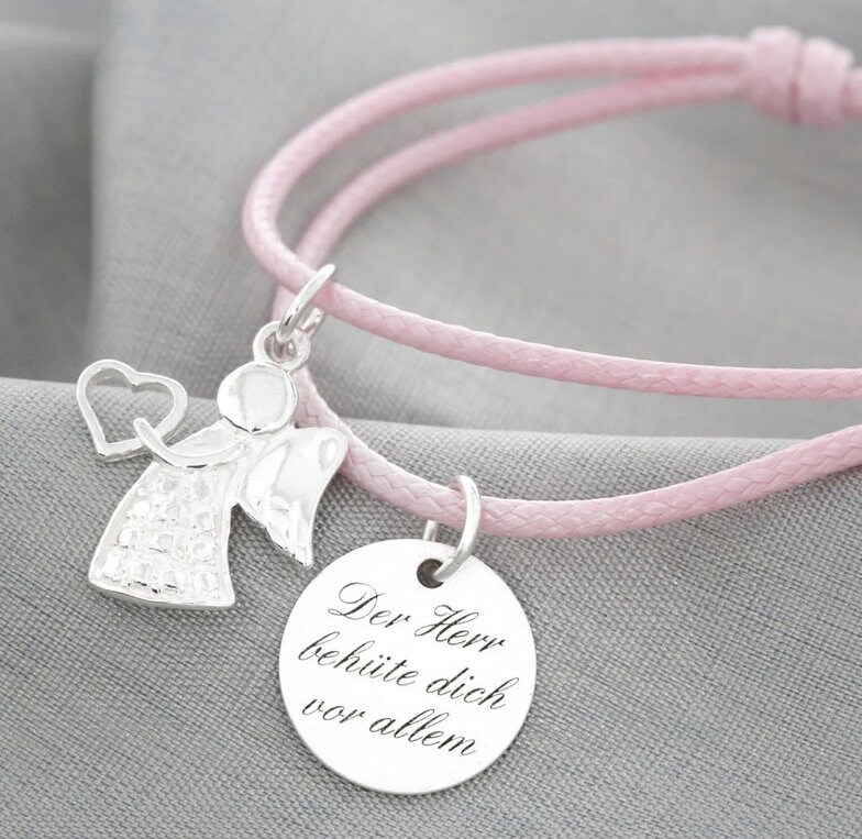 Kinderarmband Engel Gravur Rosa Mädchen Armband Taufarmband Schutzengel Taufgeschenk Eltern Namensarmband Baby Namen Text von BubiduDE