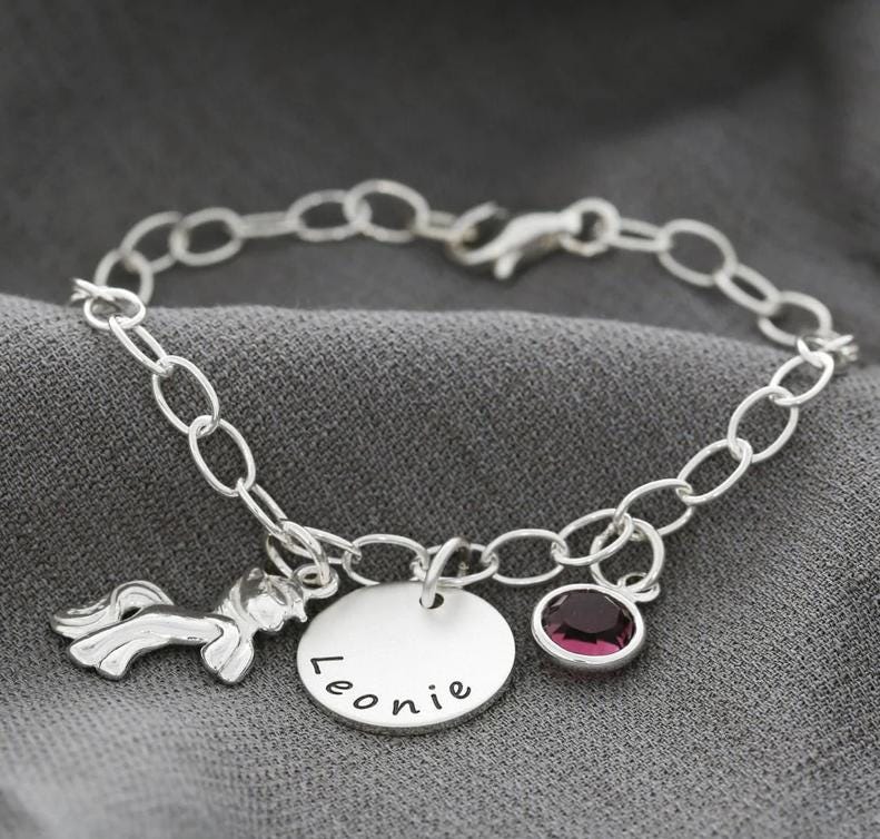 Kinderarmband Gravur Armband Mit Pony Silberarmband Mädchen Namen Geschenk Kindergeburtstag Mädchenschmuck Pferde Armkettchen Geburtsstein von BubiduDE