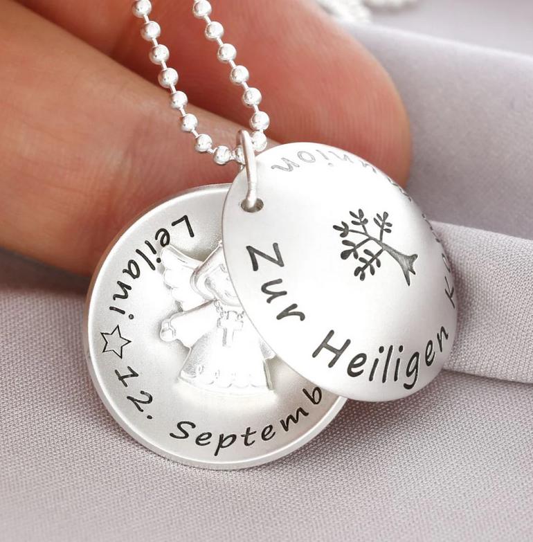 Kommunion 23mm Medaillon Kette Gravur Schmuck Erstkommunion Taufe 925Silber Engel Silberschmuck Schutzengel Geschenk Konfirmation Text von BubiduDE