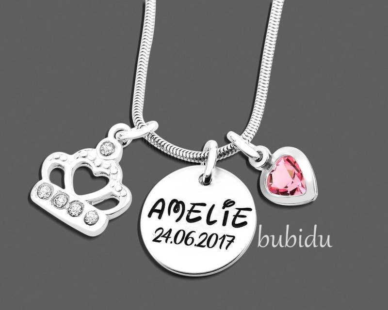 Mädchen Kette Kinderkette Gravur Schmuck Geburt Silberkette Name Datum Prinzessin Herz Kristall Halskette Kinder Krone Glitzer von BubiduDE