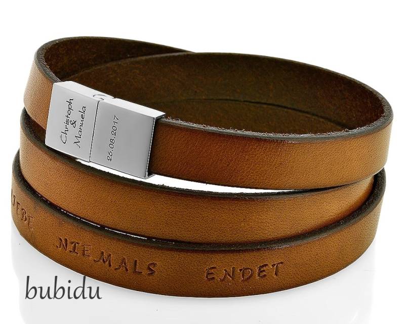 Männerarmband Braun Gravur Verschluss Und Leder, 3x Gewickelt Herren Armband Leder Personalisiert, 10mm Stark Rindsleder Braun Oder Schwarz von BubiduDE