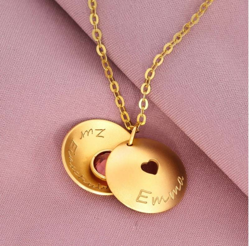 Namenskette Medaillon Gold Kette Gravur Geschenk Einschulung Personalisierter Goldschmuck Mit Monatsstein Schulanfang Schmuck Mädchen von BubiduDE