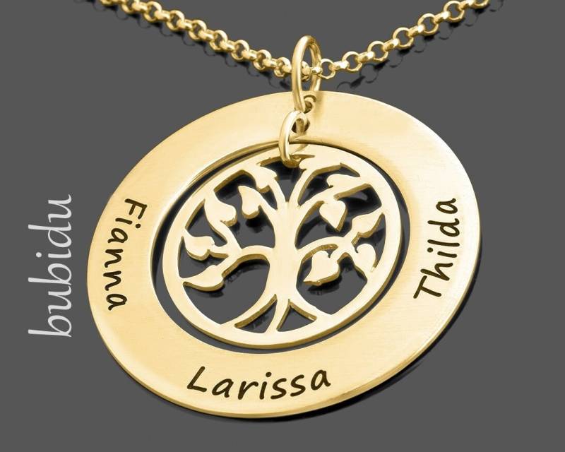 Namenskette Gold Schmuck Gravur Lebensbaum Goldkette Familienkette Personalisiert Damenschmuck Geschenk Damen Frau Mama Mutter Oma Kette von BubiduDE