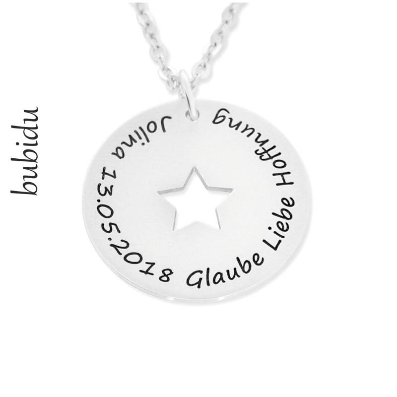 Namenskette 925 Silber Kette Gravur Mit Wunschtext, Spruch Halskette Damen Stern, Geschenk Zur Taufe Kommunion Sternenkind Personalisiert von BubiduDE