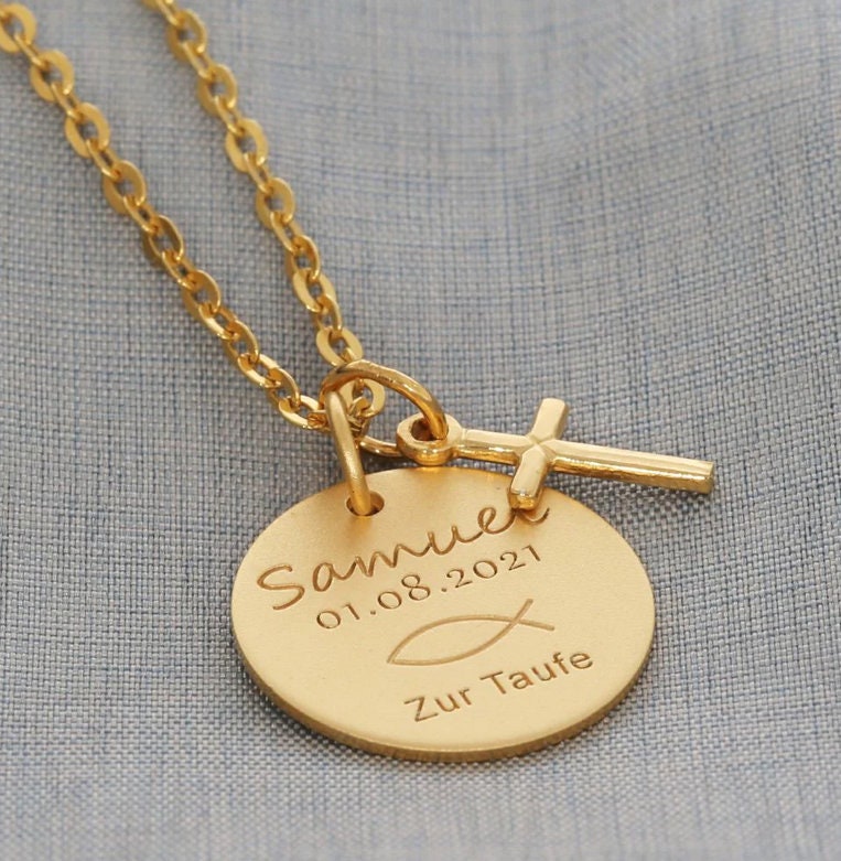 Namenskette Gold Kreuz Taufkette Geschenk Kommunion Taufschmuck 925 Silber Schmuck Vergoldet Gravur Kinderschmuck Kette Junge Mädchen Matt von BubiduDE