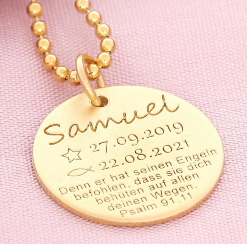 Taufkette Namenskette Gravur Schmuck Name Datum Spruch Psalm Vers Wunschtext Personalisierte Halskette Junge Mädchen Ichtys Sternsymbol von BubiduDE