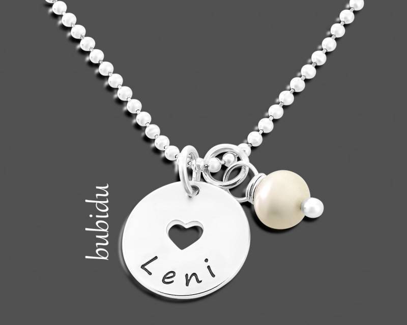 Namenskette Herz Kette Gravur Silber Schmuck Kind Mädchen Silberkette Mit Namen Perle Kugelkette 925 Silberschmuck Kinder Geburt Mama von BubiduDE