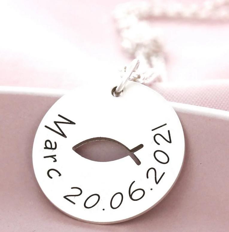 Namenskette Ichthys Kette Taufe Schmuck Geburt Tauffisch Anhänger Echtschmuck 925Er Sterling Silber Geschenkidee Paten, Personalisiert von BubiduDE