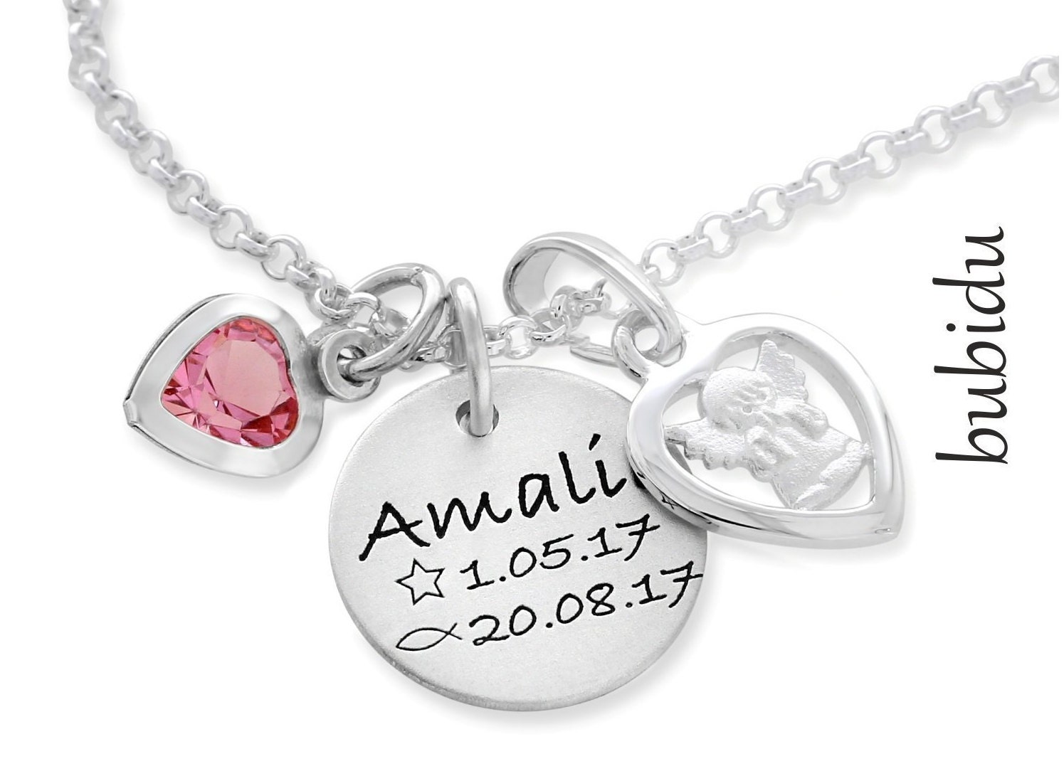 Namenskette Mädchen Taufe Schmuck Silber Gravur Datum Engel Schutzengel Kinderschmuck Text Geschenk Geburt Rosa Herz Kinderkette Kommunion von BubiduDE