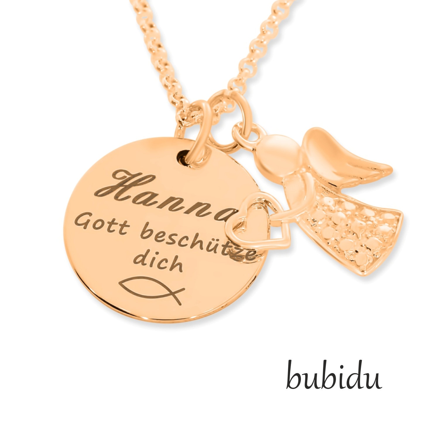 Namenskette Mädchen Tauffisch Engel Geschenk Zur Taufe Kommunion Konfirmation Schutzengel Schmuck Personalisiert Kette Baby von BubiduDE