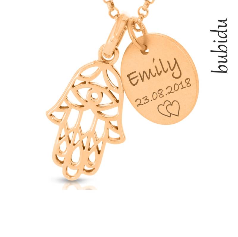 Namenskette Rosé Vergoldet Fatimas Hand 925 Silber Damenschmuck Kette Fatima Gravur Schmuck Name Halskette Damen Personalisiert von BubiduDE