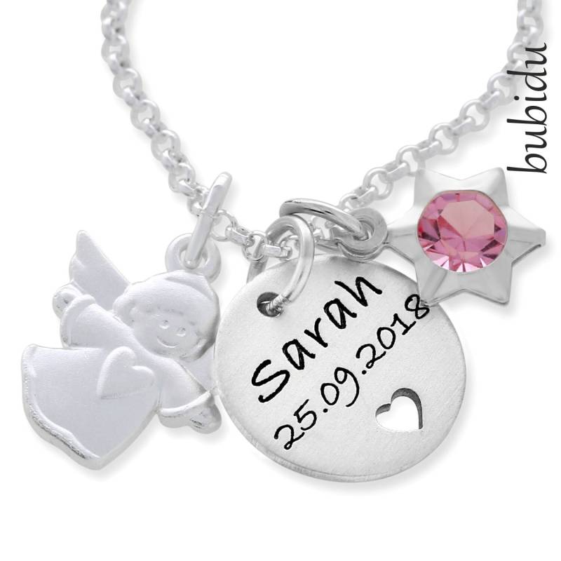 Namenskette Silber Gravur Taufschmuck 925 Sterling Silber Mädchen Junge Name Datum Geschenk Taufe Kommunion Konfirmation Engel Schmuck Stern von BubiduDE