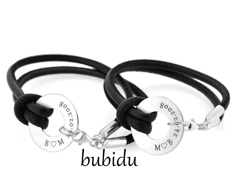 Partner Armbänder Partnerarmband Mit Gravur Lederarmband Silber Anhänger 925/ - Zwei Schwarz Paar Mutter Tochter Schmuck von BubiduDE