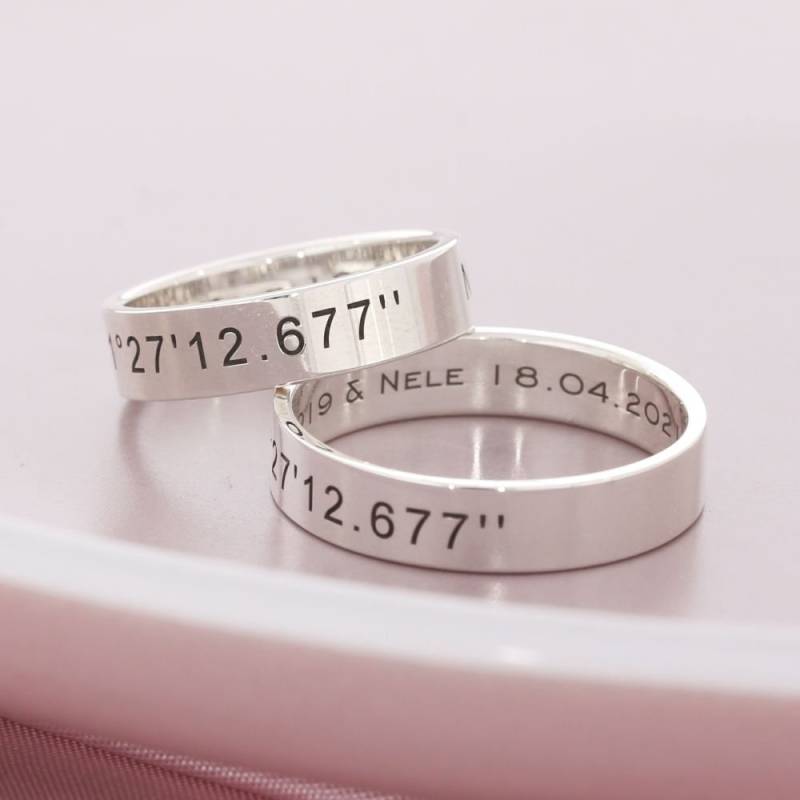 Partnerringe 925 Silber Mit Gravur Für Damen Und Herren Ringe Zwei Verlobungsringe Silberringe Paar Verlobung Koordinaten von BubiduDE