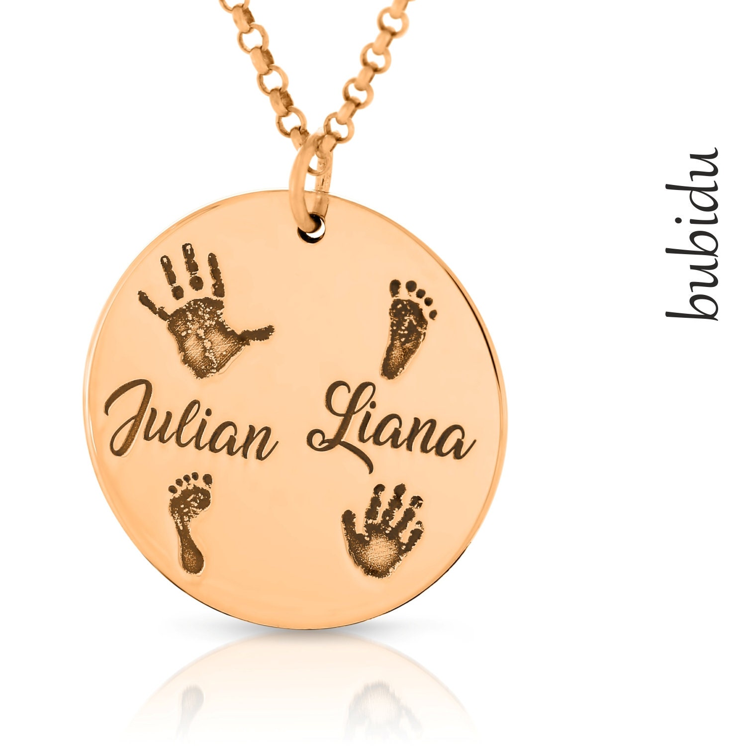 Personalisierte Kette Geschenk Mama Roségold Footprint Handabdruck Gravur Schmuck Geburt Fußabdruck Baby Namenskette Muttertag Handprint von BubiduDE