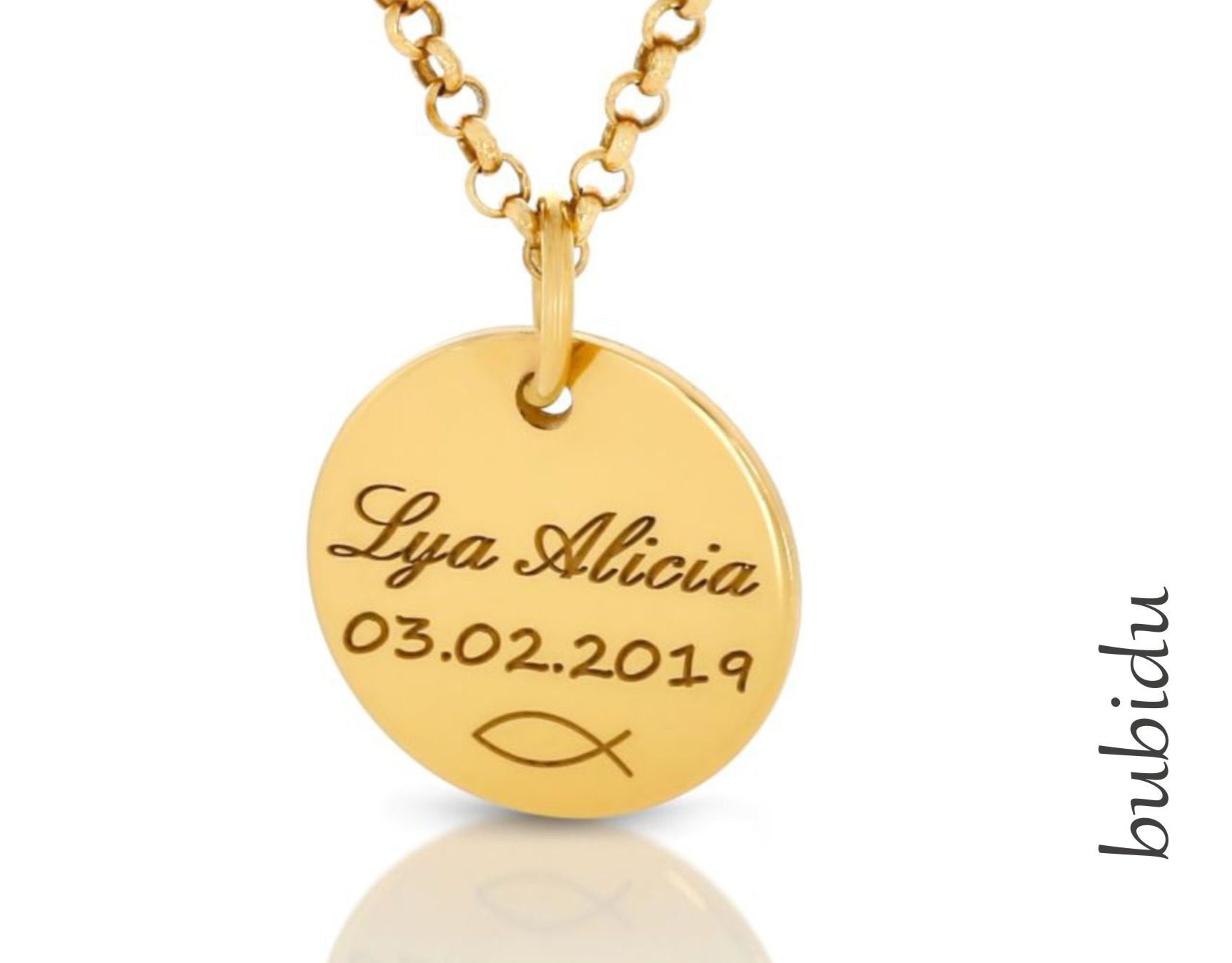 Personalisierte Kette Gold Mit Gravur, Namenskette Gold, Schmuck Damen, Kinder, Taufkette Vergoldet, Taufschmuck, Kommunion, Konfirmation von BubiduDE