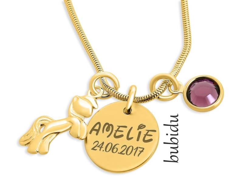 Pferde Kinderkette Mädchen Kinderschmuck Gold Gravur Geschenk Tochter Schmuck Einschulung Mädchenschmuck Pferd Goldkette Kind Namenskette von BubiduDE