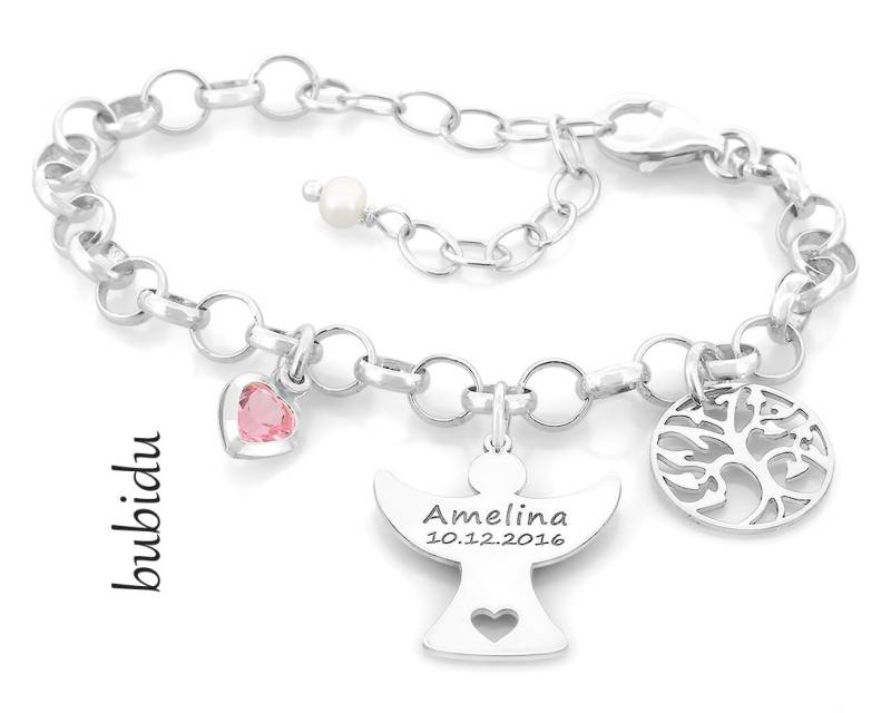 Schutzengel Armband Mädchen Gravur Silberschmuck Taufe Einschulung Schmuck 925 Silber Lebensbaum Kinder Gliederarmband Engel Geschenk von BubiduDE