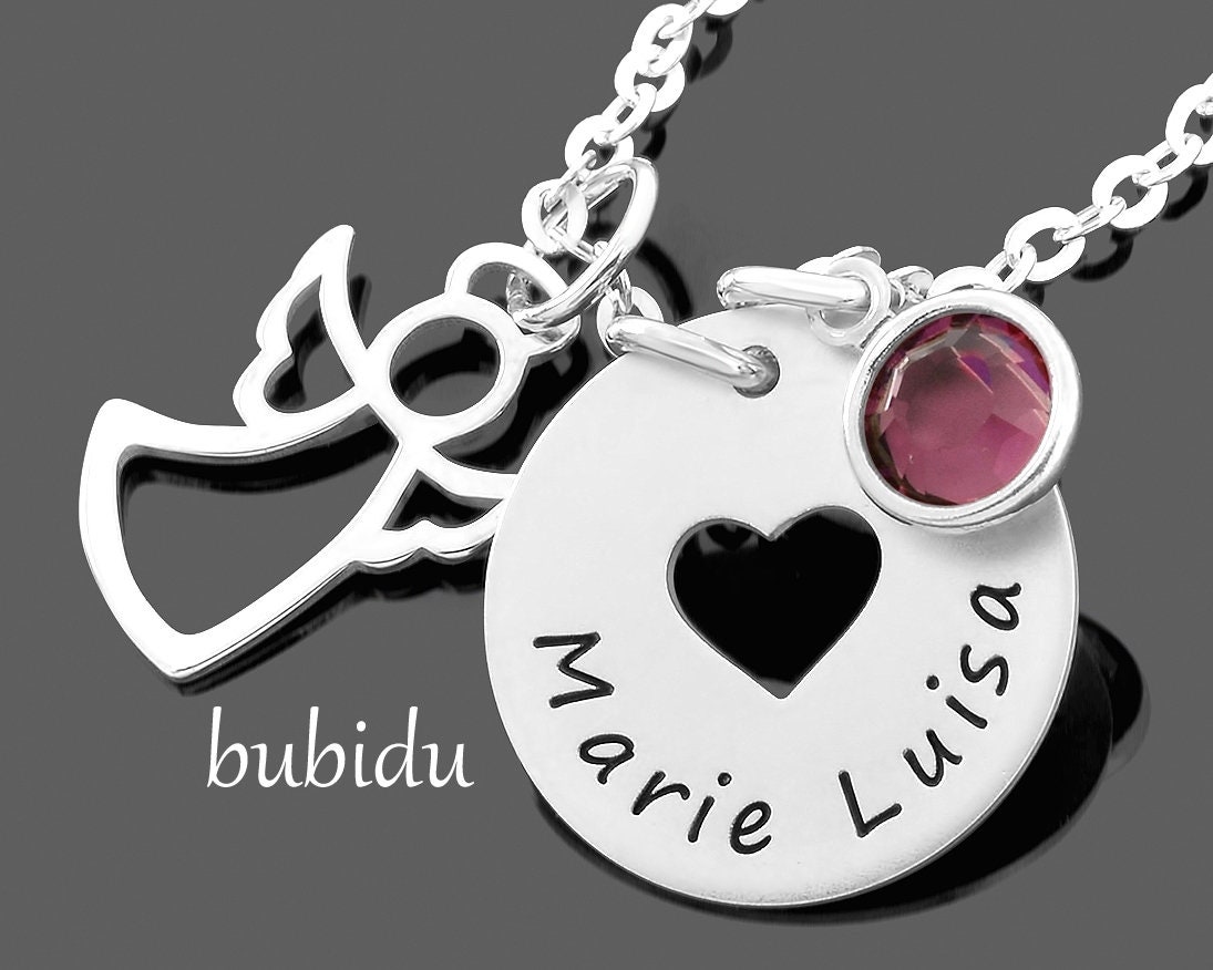 Schutzengel Kette Silber Gravur Schmuck Engel Name Geschenk Patenkind Herz von BubiduDE