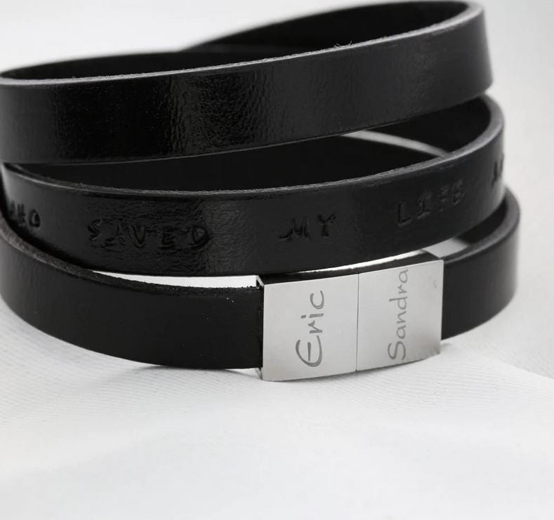 Schwarzes Herren Armband Leder Gravur Männer Text Lederarmband Papa Opa Lederband Gravur, Rindsleder - Personalsiertes Herrenarmband von BubiduDE
