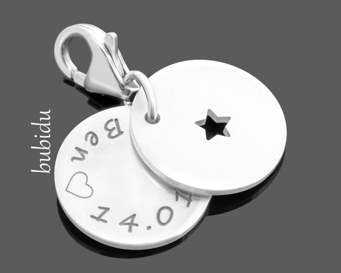 Silber Charm Gravur Anhänger Mit Namen Schmuck Zur Geburt Geschenk Mutter Silberschmuck Personalsiert Schmuckanhänger Stern Name Datum von BubiduDE