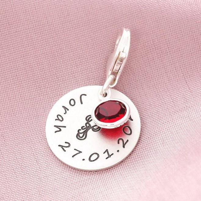 Silbercharm Gravur Geburt Taufe Anhänger Namen Taufanhänger Taufgeschenk Mit Stein Schmuckanhänger Junge Mädchen Sternzeichen von BubiduDE