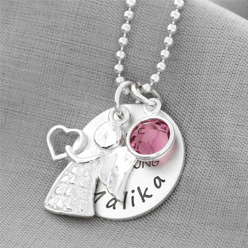 Silberkette Engel Taufschmuck Mit Monatsstein Kindernamen Gravur Kette Zur Taufe Kinderschmuck Kommunion Konfirmation 925 Silber Kinderkette von BubiduDE