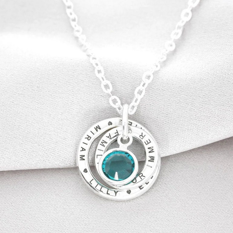 Silberkette Mit Geburtsstein Namengravur Zwei Flache Ring Anhänger -10mm & 15mm - Personalisiert Gravur Doppelanhänger Namenskette von BubiduDE