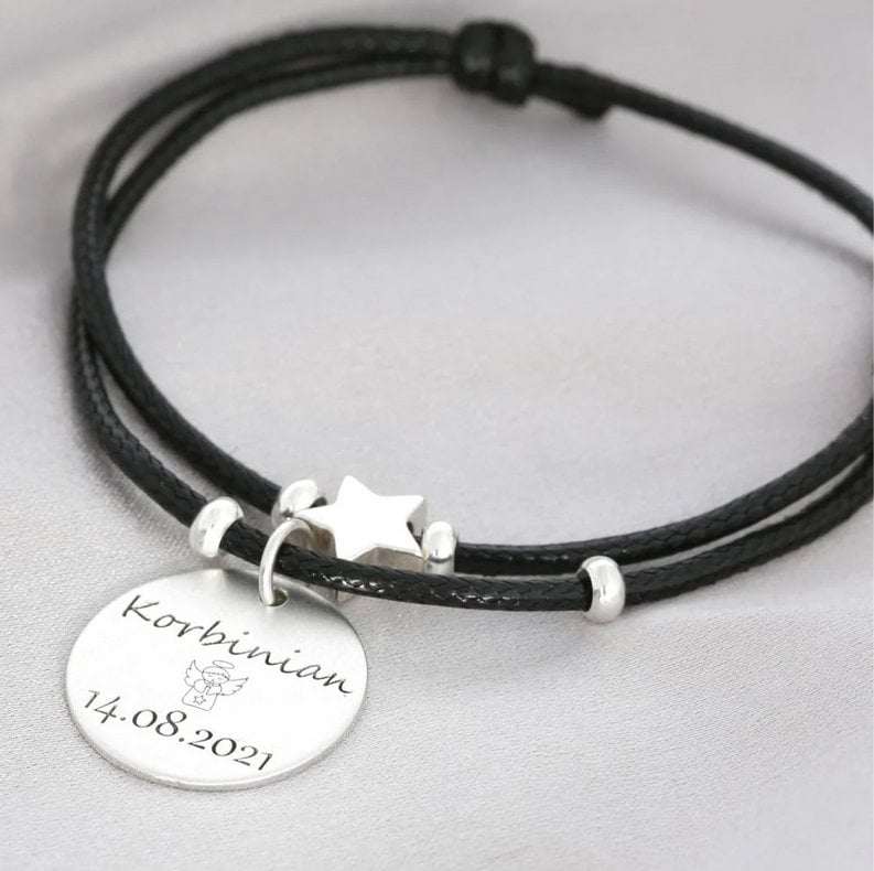 Taufarmband Für Jungen Oder Mädchen, Armband Taufe Gravur, Baby, Baumwollband Ziehknoten Verstellbar, Engelschmuck Sternanhänger Taufgeschenk von BubiduDE