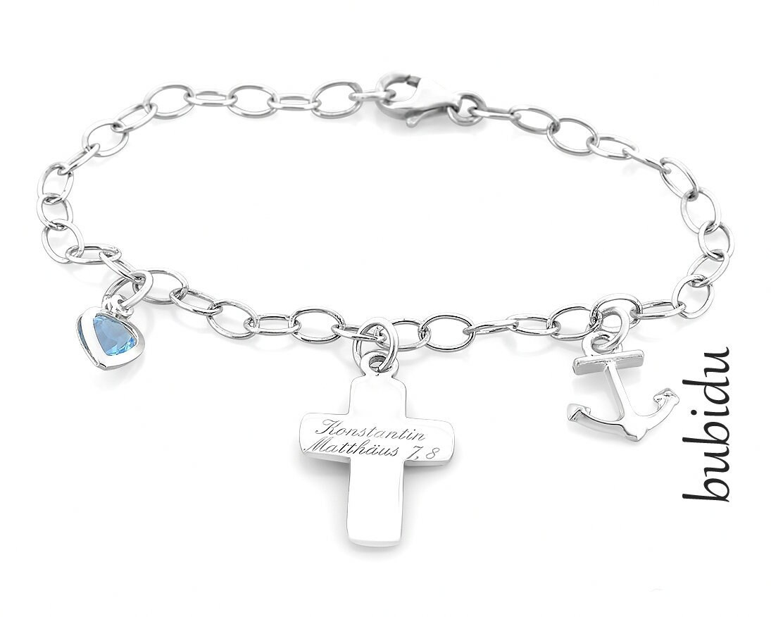 Taufarmband Kind Taufschmuck Jungen Mädchen Gravur Kreuz Herz Anker Schmuck Baby Armband Bettelarmband Taufe Geburt Silberschmuck von BubiduDE