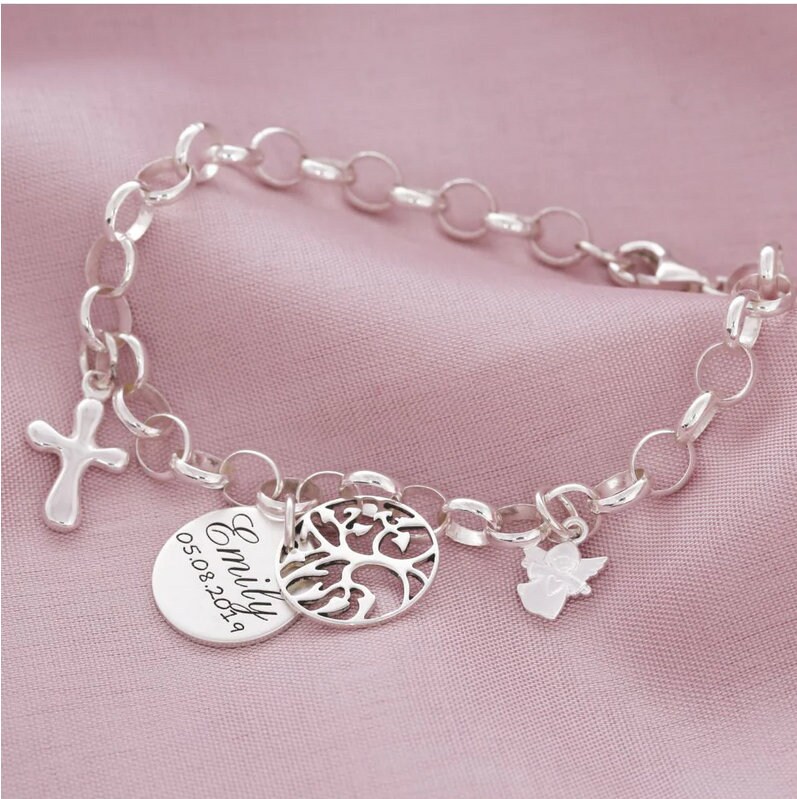 Taufarmband Silber Gravur, Taufschmuck, Taufe Baby Kleinkind, Kreuzanhänger, Engelschmuck, Schutzengelarmband 925Er Silberarmband von BubiduDE