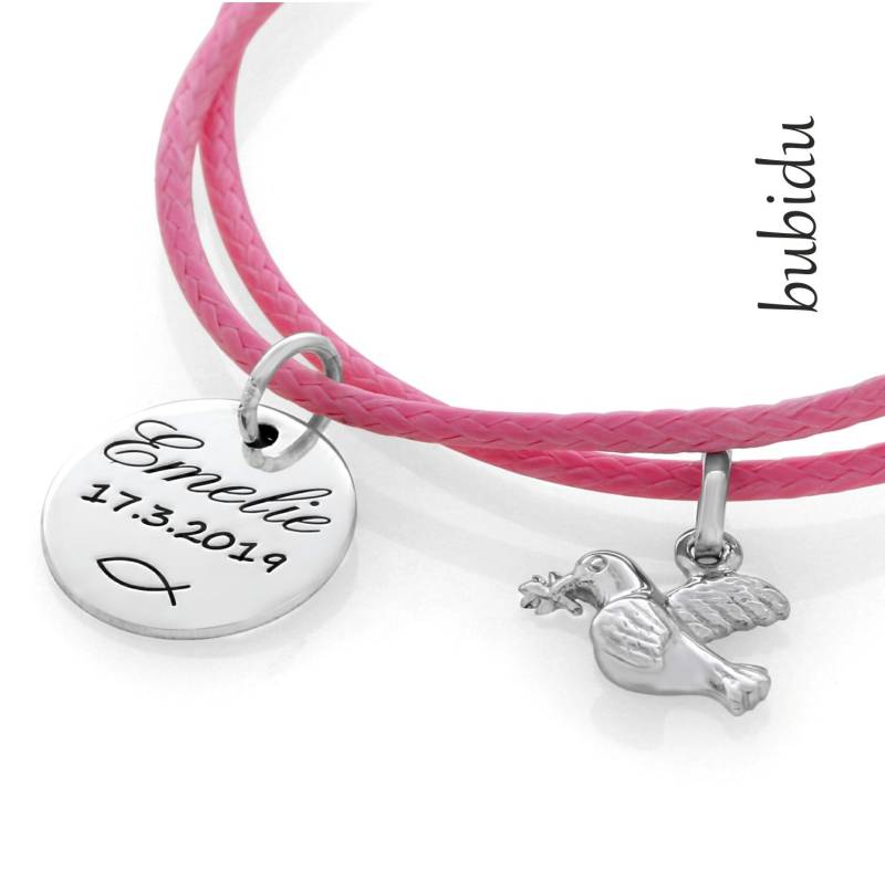 Taufe Armband Mädchen Baumwollband Verstellbar Ziehknoten Namensarmband Gravur Taufschmuck Rosa Taube Olivenzweig Kinder Baby Schmuck Ichtys von BubiduDE