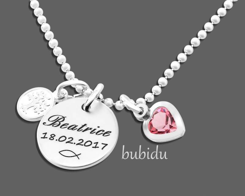 Taufe Kette Gravur Mädchen Taufschmuck Silber Geschenk Taufkette Rosa Herz Lebensbaum Kinderkette Heilige Taufketterl Namen Ichthys von BubiduDE