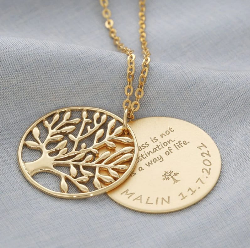 Taufe Kette 27mm Großer Anhänger Vergoldet Gravur Kommunion Konfirmation Wunschtext Lebensbaum Geschenk Patenkind Spruch Psalm Gold von BubiduDE