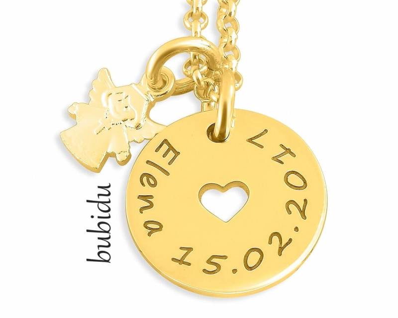 Taufkette Engel Gold, Taufschmuck Gravur, Geschenk Taufe Goldkette Baby Kinderschmuck Namen Engelchen Schmuck Taufgeschenk Mädchen Bubidu von BubiduDE