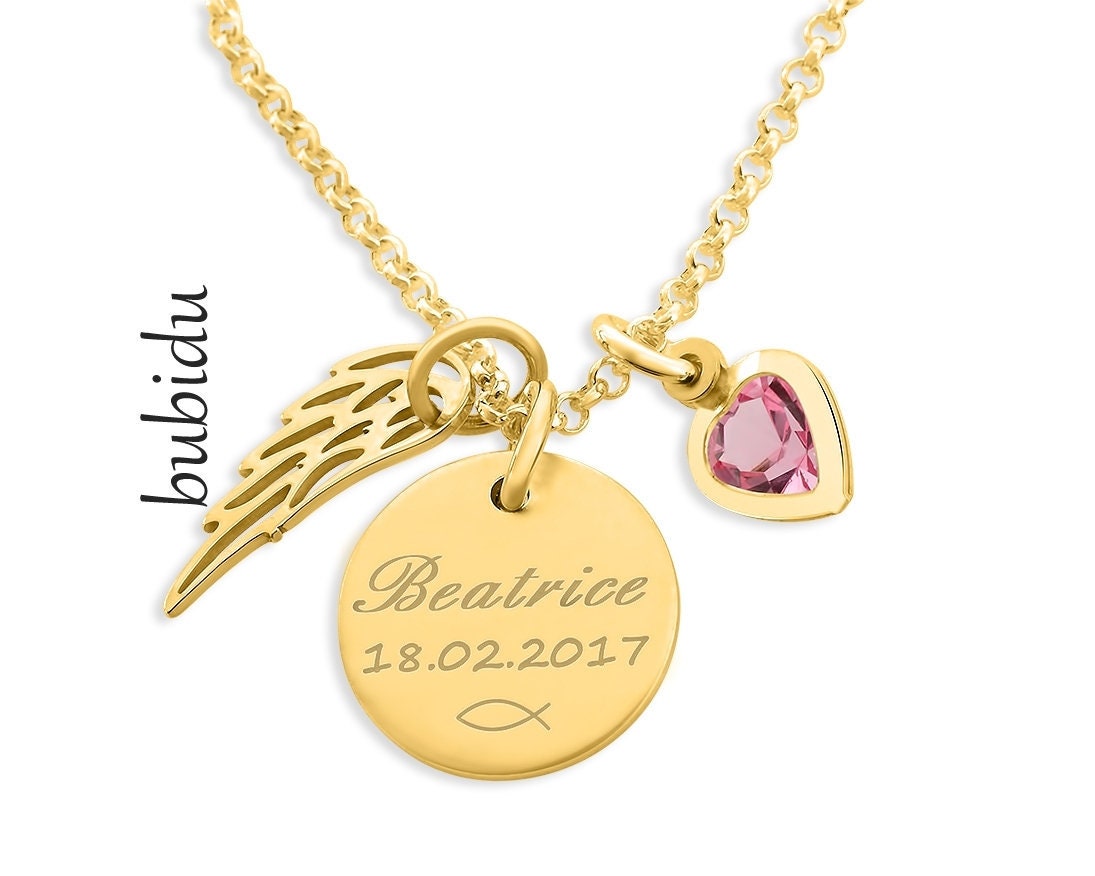 Taufkette Gold Gravur, Namenskette Taufe, Geschenk Konfirmation Kommunion Geburtstag Geburt Kindertag Silberkette Vergoldet von BubiduDE